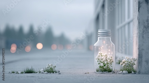 Glowing Flowers in Glass Jar on Urban Concrete Ground in Overcast Gray Day Symbolizing Sustainable Energy and Environmental Consciousness 150 character