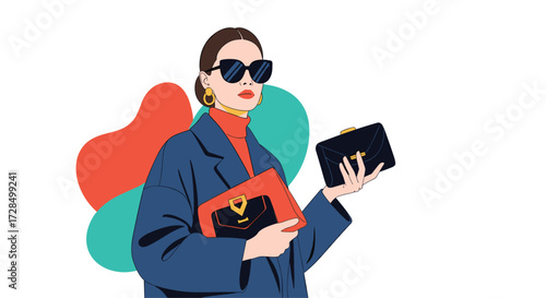 Fashionable woman in sunglasses holding handbags choosing an accessory for her outfit.