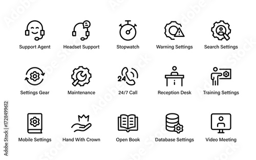 Professional essential service icon pack featuring video meeting, training, database, maintenance, mobile, support, and customer assistance line designs.