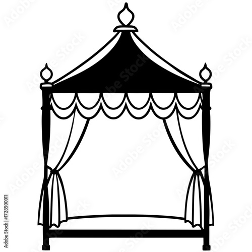 Elegant four poster bed canopy silhouette with drapes isolated on white background