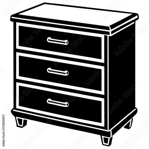 Black silhouette of a three drawer chest of drawers with handles isolated on white background