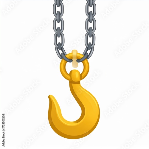 A stylized illustration of a yellow hook suspended from a metallic chain, isolated.