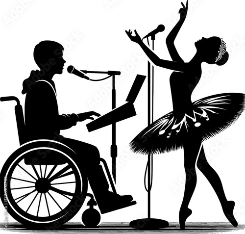 Wheelchair musician playing keyboard while ballet dancer performs  