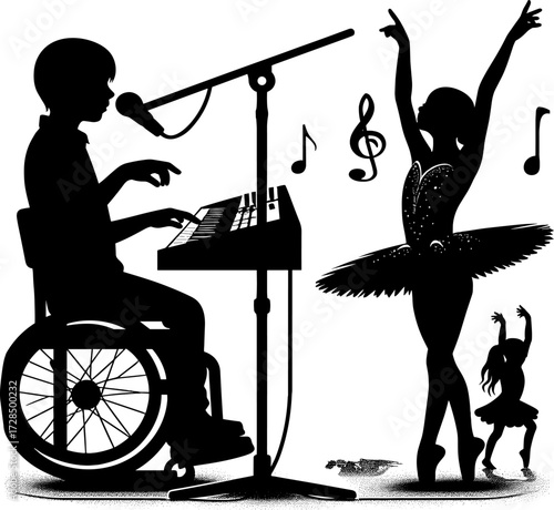 Boy in wheelchair playing keyboard while dancer performs on stage  