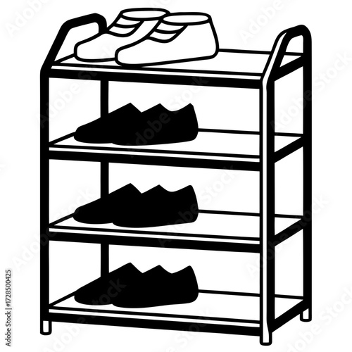Three tier shoe rack with various shoes stored silhouette isolated on white background