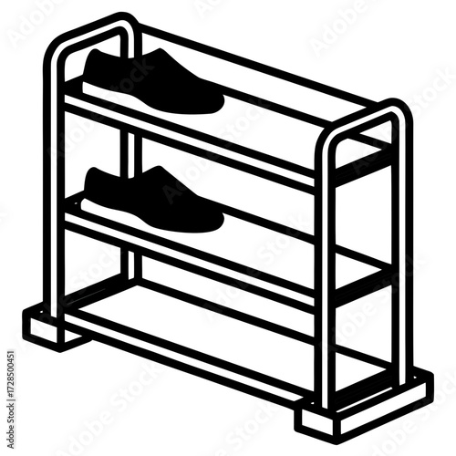 Two pairs of black shoes on a two tier shoe rack with a clean white background silhouette isolated on white background