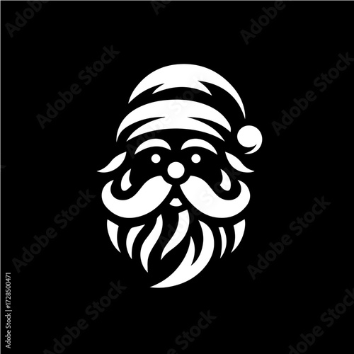 A stylized white illustration of Santa Claus's face, set against a black background.