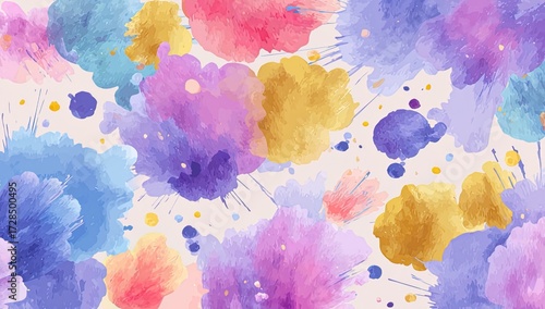Abstract watercolor splatter pattern.  Soft pastel colors, gold accents, and light background