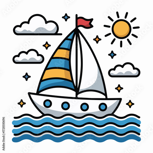 A sailing ship or sailboat vector illustration cruises the summer ocean waves under a nautical sky