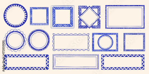 Collection of hand drawn blue frames and borders in various shapes and decorative styles