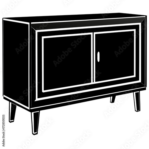 Modern black sideboard with two doors and tapered legs silhouette isolated on white background