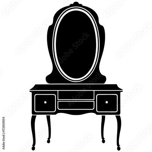Elegant vintage vanity table with oval mirror silhouette isolated on white background
