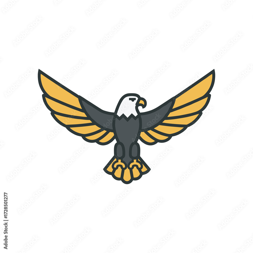 Obraz premium Bold vector illustration of a flying eagle with outstretched golden wings, strong and powerful flat design, isolated