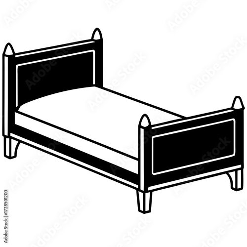A simple black silhouette of a single bed with a mattress isolated on white background