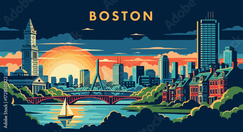 Boston Vector Travel Poster, Cinematic Minimal Landscape Art