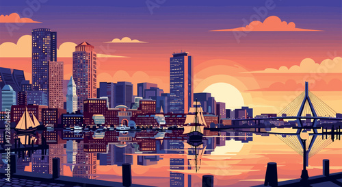 Boston Vector Travel Poster, Cinematic Minimal Landscape Art