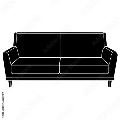 Classic black sofa silhouette with white outline isolated on white background