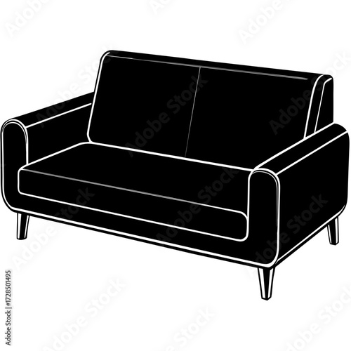 Modern black silhouette of a two seater sofa with clean lines isolated on white background