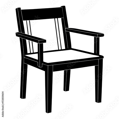 A simple wooden armchair with a slatted back and arms isolated on white background silhouette