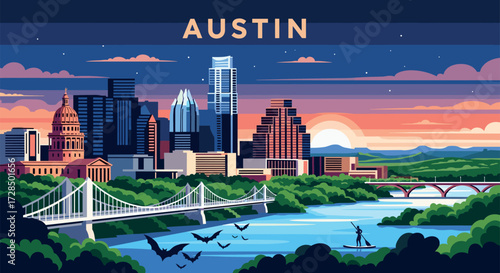 Austin Vector Travel Poster, Cinematic Minimal Landscape Art