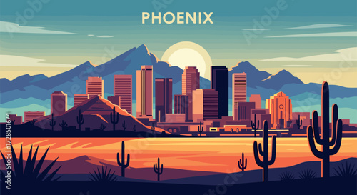 Phoenix Vector Travel Poster, Cinematic Minimal Landscape Art