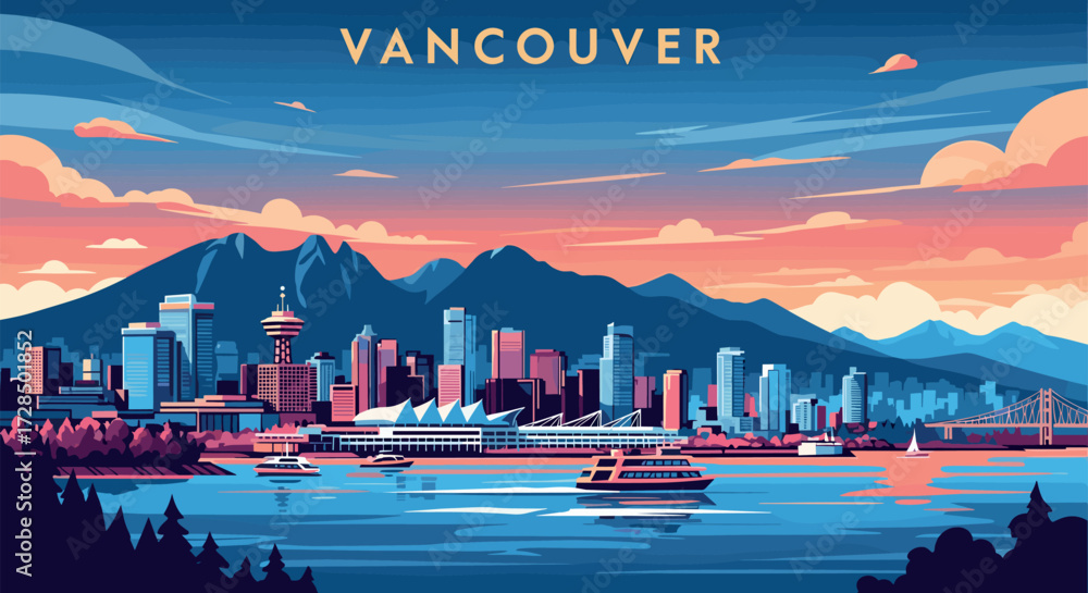 Obraz premium Vancouver Vector Travel Poster, Cinematic Minimal Landscape Art