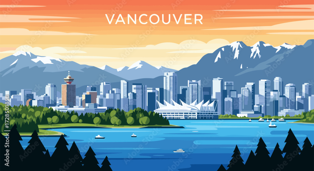Obraz premium Vancouver Vector Travel Poster, Cinematic Minimal Landscape Art