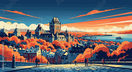 Quebec City Vector Travel Poster, Cinematic Minimal Landscape Art