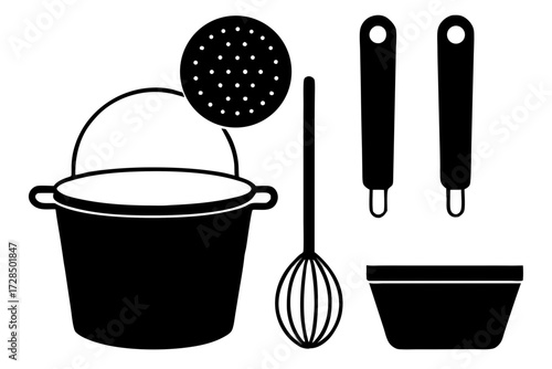 Collection of kitchen utensils including a pot strainer whisk and handles silhouette isolated on white background