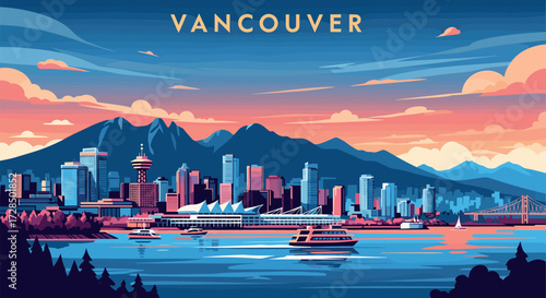 Vancouver Vector Travel Poster, Cinematic Minimal Landscape Art