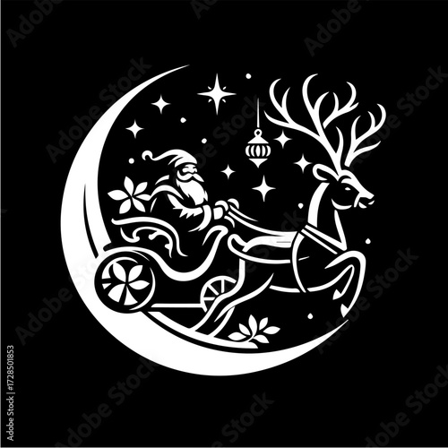 A black and white illustration depicting Santa Claus riding a sleigh pulled by a reindeer under a crescent moon.