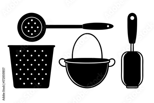 Collection of kitchen utensils including a colander pot and slotted spoon silhouette isolated on white background