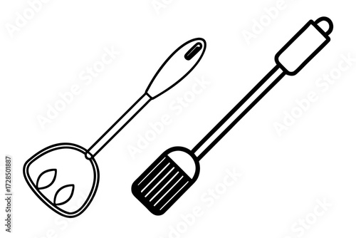 Two kitchen utensils a spatula and a brush silhouette isolated on white background