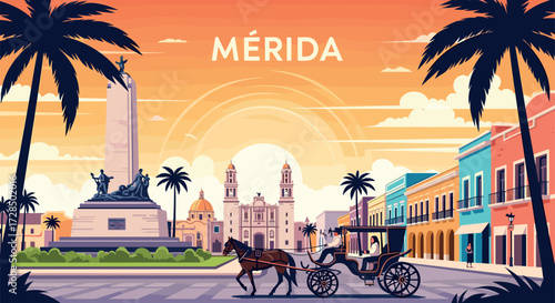 Mérida, Mexico Vector Travel Poster, Cinematic Minimal Landscape Art