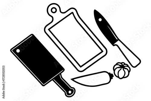 Collection of kitchen knives and cutting board silhouette isolated on white background