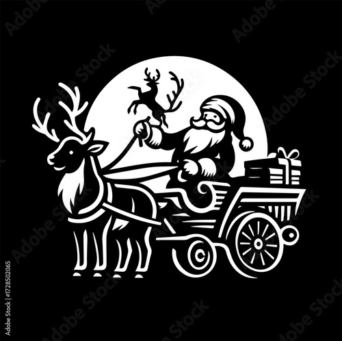 Santa Claus rides in a sleigh pulled by reindeer, with a full moon in the background, delivering gifts.