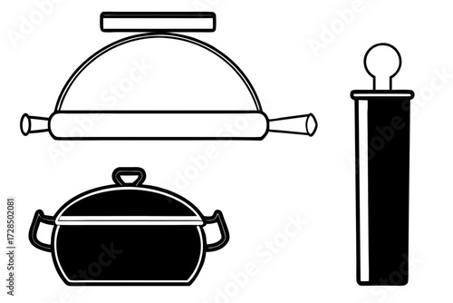 Collection of kitchen utensils including a pot rolling pin and a dome lid isolated on white background silhouette