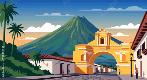 Antigua Guatemala Vector Travel Poster, Cinematic Minimal Landscape Art