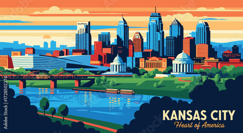Kansas City Vector Travel Poster, Cinematic Minimal Landscape Art