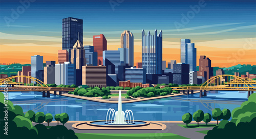 Pittsburgh Vector Travel Poster, Cinematic Minimal Landscape Art