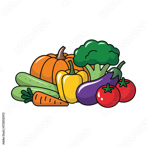 A vibrant healthy autumn harvest basket of fruits and vegetables like pumpkin, tomato, pepper, and carrot on a white background
