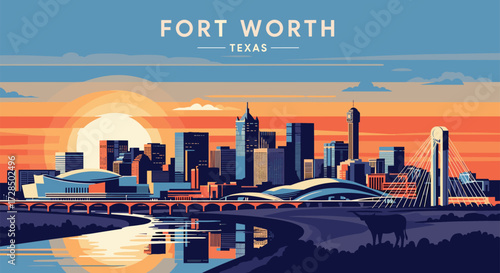 Fort Worth Vector Travel Poster, Cinematic Minimal Landscape Art