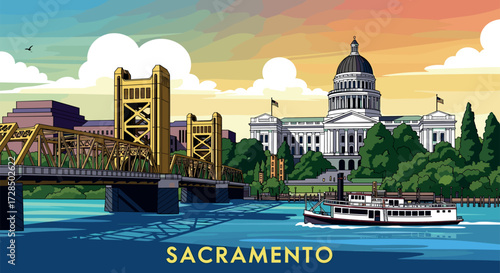 Sacramento Vector Travel Poster, Cinematic Minimal Landscape Art