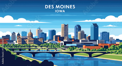 Des Moines Vector Travel Poster, Cinematic Minimal Landscape Art