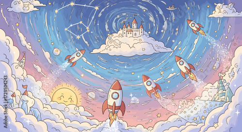 Cartoonish Rockets And Clouds With Smiling Sun In Dreamy Sky