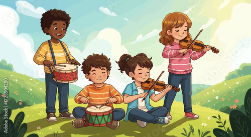 Cheerful Children Playing Music Together In Natural Environment