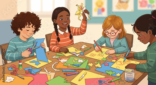 Creative Children Working On Art Projects Together In Classroom