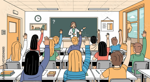Enthusiastic Students Raising Hands In Classroom With Teacher At Blackboard