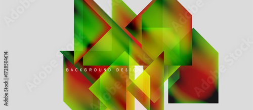 Abstract geometric shapes overlap, creating vibrant color gradients. Design features green, orange, red hues on gray backdrop.