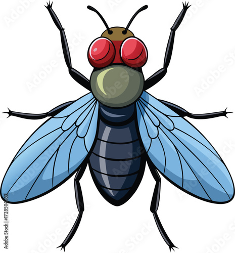 Stylized illustration of a housefly with red eyes and blue wings insect animal vector illustration EPS file download.